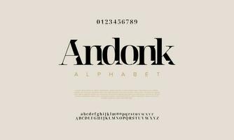 Andonk resumen digital tecnología logo fuente alfabeto. mínimo moderno urbano fuentes para logo, marca etc. tipografía tipo de letra mayúscula minúsculas y número. vector ilustración