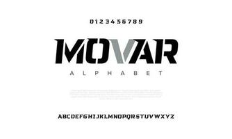 Movar abstract digital technology logo font alphabet. Minimal modern urban fonts for logo, brand etc. Typography typeface uppercase lowercase and number. vector illustration