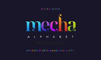 Colorful mecha abstract digital technology logo font alphabet. Minimal modern urban fonts for logo, brand etc. Typography typeface uppercase lowercase and number. vector illustration