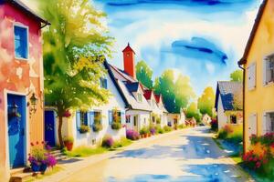 A watercolor town. Nordic Serenity, Watercolor Painting of a Scandinavian Town. photo