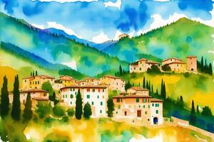 A watercolor town. Italy, Spain, France. Watercolor Painting of a Serene Mediterranean Town. photo