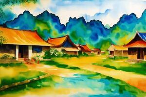 A chinese village. Watercolor Painting of a Tranquil Chinese Village. photo