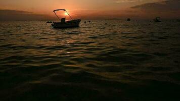 petit bateaux dans le Marina pendant le coucher du soleil video