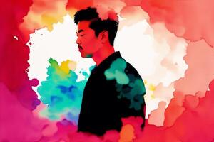 An illustration of a young asian man. Silhouette. Watercolor paint. photo