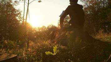 Outdoor Active Men Enjoying Scenic Sunset in a Forest. Slow Motion Footage. video