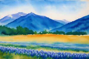 A beautiful scenery. Serene Summer Mountains. A Breathtaking Watercolor Scenery. photo