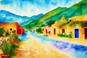 A watercolor town. Enchanting Mexican Delights. Watercolor Painting of a Vibrant Town. photo