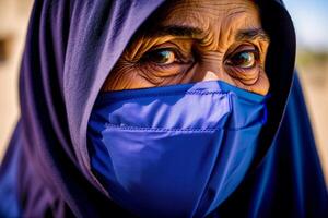 un antiguo musulmán mujer vistiendo protector mascarilla. codicioso 19 enmascarado con confianza. generativo ai foto