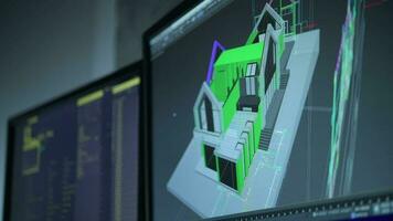Computer Screens Inside Architectural Studio. Modeling Home in 3D. video