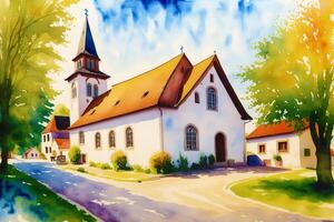 A watercolor town. Germany, Austria. Watercolor Painting of a German or Austrian Town. photo