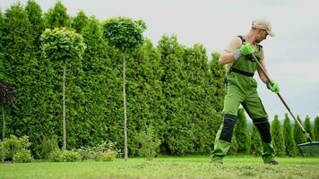 Worker Taking Care Of Garden Yard Grass. video