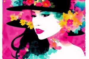 An illustration of a young woman with a colorful background and flowers. silhouette. Watercolor paint. photo