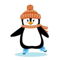 Penguin in hat and scarf skates on ice in winter. Cute penguin skater isolated on white. Childish vector character.