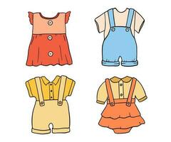 Infant cute dress and denim, pants set. Color Baby girl and boy clothes isolated on white vector