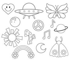 Groovy retro mushrooms, peace sign and moth. Hippie psychedelic sketches in 1970 style for coloring book vector