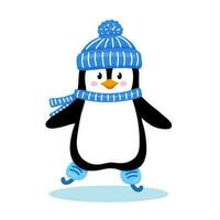 Penguin in hat and scarf skates on ice in winter. Cute penguin skater isolated on white background. Childish vector character.