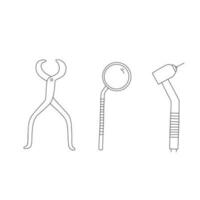 Dentist tool outline doodle icon. Dental care equipment signs line set vector