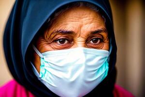 An old muslim woman wearing protective mask. COVID 19. Mask-Wearing with Confidence. photo