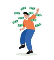 man standing under money rain banknotes falling vector illustration