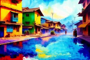 A watercolor town. Enchanting Mexican Delights. Watercolor Painting of a Vibrant Town. photo