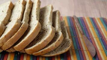 close up of stack of baked bread on table video