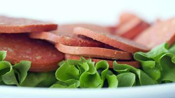 Close up of Traditional smoked salami sausage video