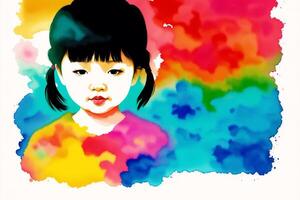 An illustration of A little asian girl. Playing. Silhouette. Watercolor paint. photo