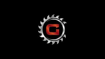 English alphabet G with the saw blade. Carpentry, woodworking logo video animation. Logo footage for sawmill business and company identity