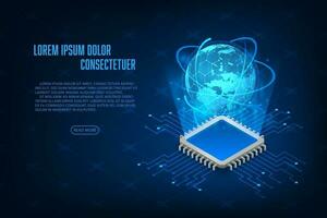 Vector isometric cpu microchip digital and technology concept. Global network connection with concept.