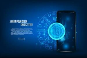 Vector abstract technology crypto currency concept. Bitcoin wallet application on mobile phone.