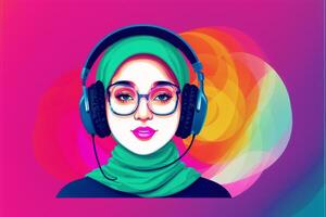 A young woman in the headphones. A Woman's Journey of Musical Bliss through Headphones. Copy space. photo