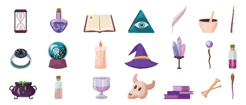 Wizard tools icons set cartoon vector. Magic wand