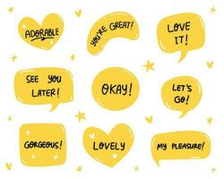 set of cute yellow speech bubble with text vector