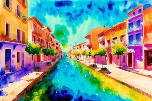 A watercolor town. A Mediterranean Paradise. Watercolor Painting of a Charming Greek Town. photo