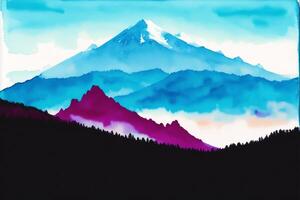 A painting of a mountain on the watercolor background. Watercolor paint. Digital art, photo