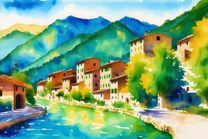 A watercolor town. Italy, Spain, France. Watercolor Painting of a Serene Mediterranean Town. photo