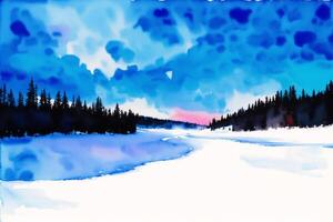 A painting of a snowy landscape with a blue sky and trees in the foreground.Winter. Watercolor paint. Digital art, photo