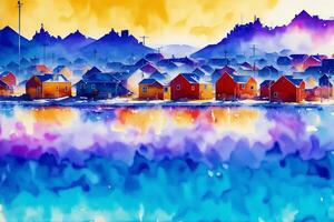 A watercolor town. Nordic Serenity, Watercolor Painting of a Scandinavian Town. photo