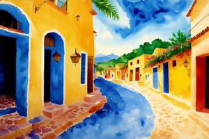 A watercolor town. Enchanting Mexican Delights. Watercolor Painting of a Vibrant Town. photo