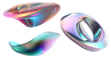 Set of abstract multicolor shapes on transparent background. Metallic holographic color. Trendy and futuristic design elements as . Iridescent cut out objects. . png