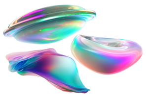 Set of abstract multicolor shapes on transparent background. Metallic holographic color. Trendy and futuristic design elements as . Iridescent cut out objects. . png