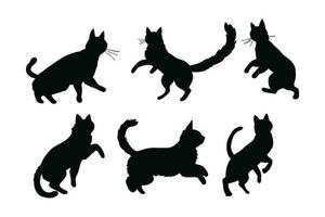 Cute cat jumping silhouette bundle design. Cute home cat vector design on a white background. Cat standing in different positions silhouette collection. Feline jumping silhouette set vector.