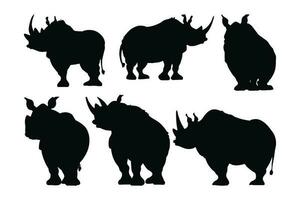 Rhino standing in different positions, silhouette set vector. Adult rhino silhouette collection on a white background. Wild dangerous animals like hippos or rhinos, full body silhouette bundles. vector