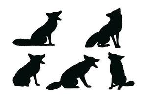 Wild foxes sitting silhouette set vector on a white background. Carnivore wild fox silhouette bundle design. Fox sitting and howling in different positions. Jackal full body silhouette collection.