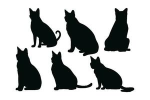 Cute Siamese cats silhouette bundle design. Domestic cats sitting in different positions. Cat full body silhouette collection. Cute cats and feline sitting, silhouettes on a white background. vector