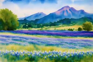 A beautiful scenery. Serene Summer Mountains. A Breathtaking Watercolor Scenery. photo