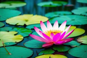 un flor en el agua con hojas. loto. acuarela pintura de un vistoso agua lirio. generativo ai foto