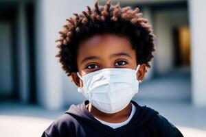 un negro chico vistiendo protector mascarilla. codicioso 19 enmascarado con confianza. generativo ai foto