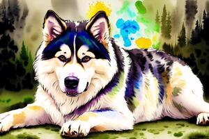 Watercolor painting of the Majestic Siberian Husky. A True Arctic Beauty with Energetic Spirit. photo