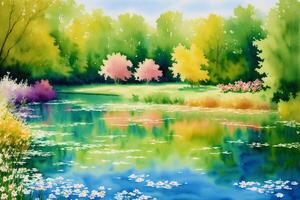 Tranquil Summer Scenery. A Watercolor Painting of Park, Lake, field and River. photo